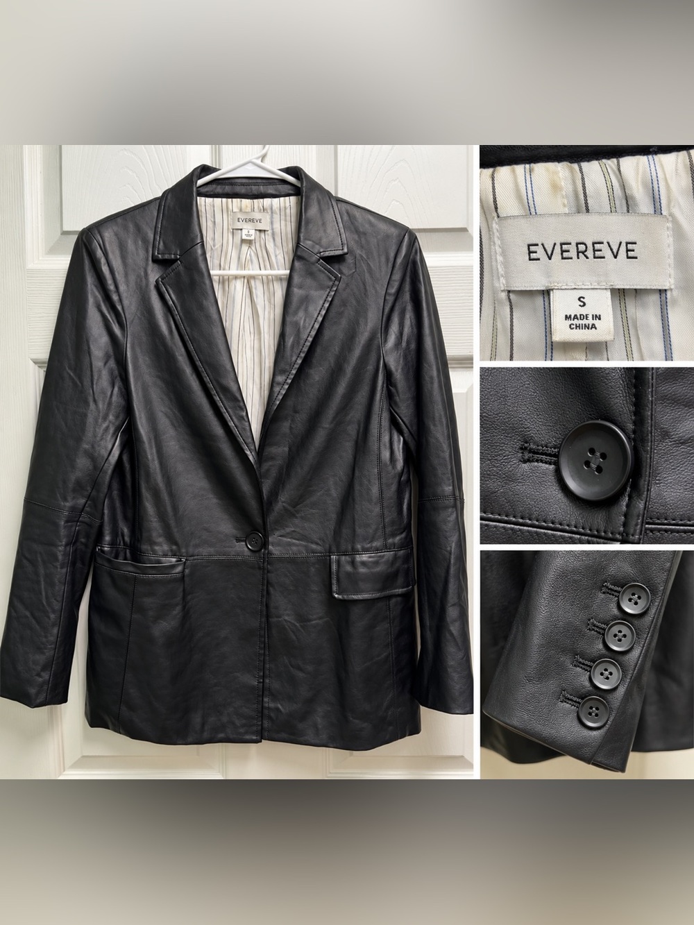 Evereve Women's Black Leather Single-Button Blazer Jacket